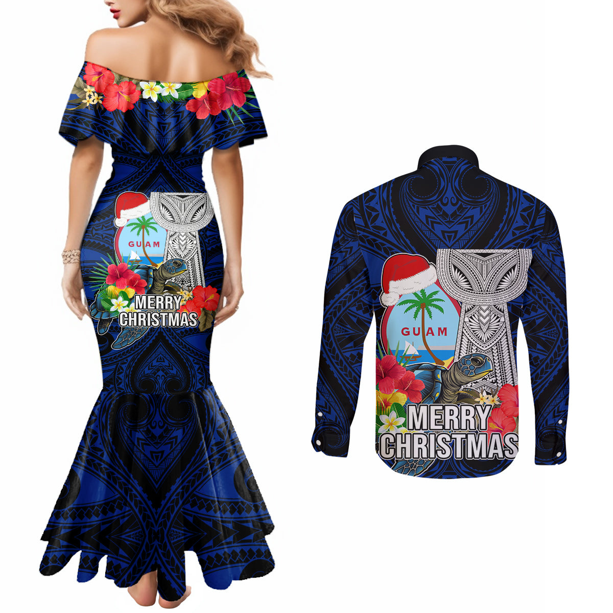 Guam Christmas Couples Matching Mermaid Dress and Long Sleeve Button Shirt Santa Gift Latte Stone and Sea Turle Mix Hibiscus Chamorro Blue Style LT03