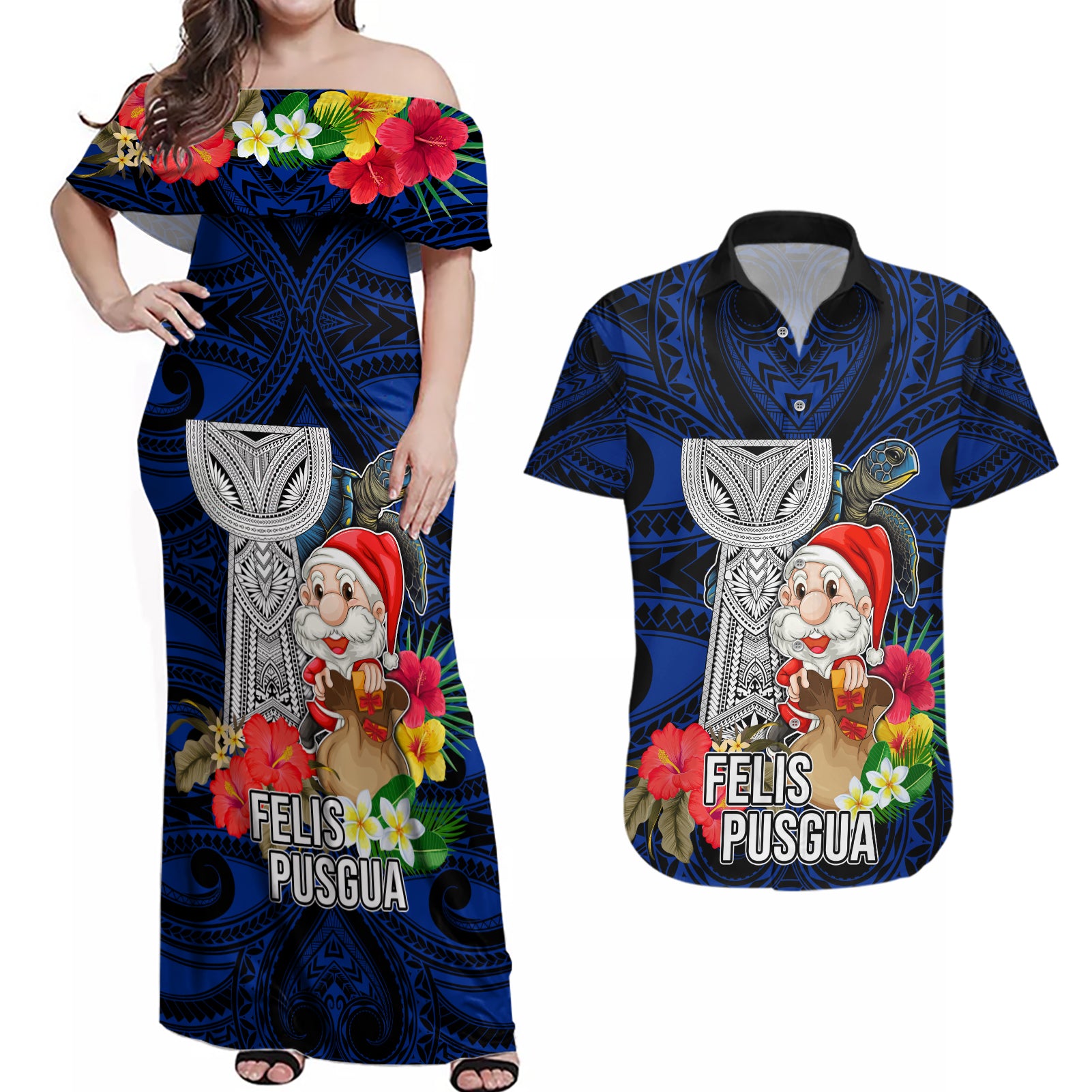 Guam Christmas Couples Matching Off Shoulder Maxi Dress and Hawaiian Shirt Santa Gift Latte Stone and Sea Turle Mix Hibiscus Chamorro Blue Style LT03