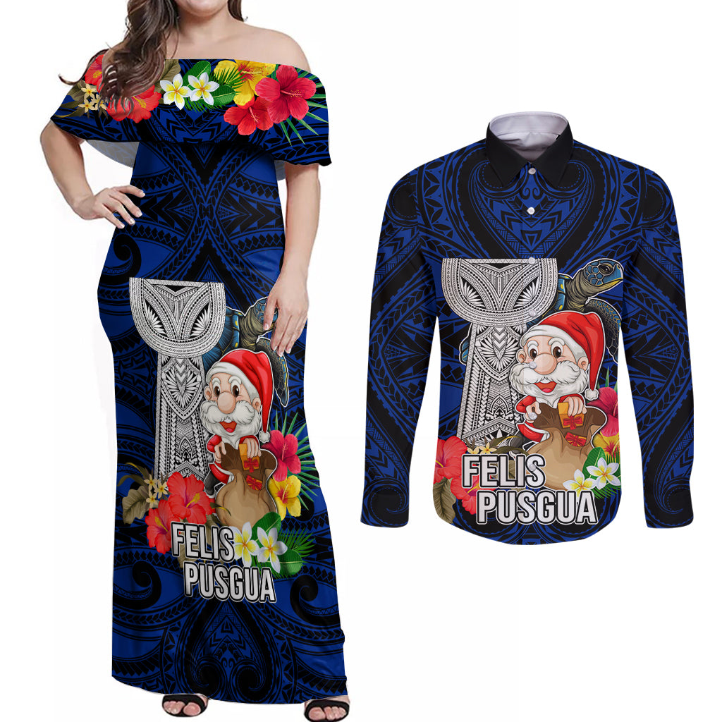 Guam Christmas Couples Matching Off Shoulder Maxi Dress and Long Sleeve Button Shirt Santa Gift Latte Stone and Sea Turle Mix Hibiscus Chamorro Blue Style LT03