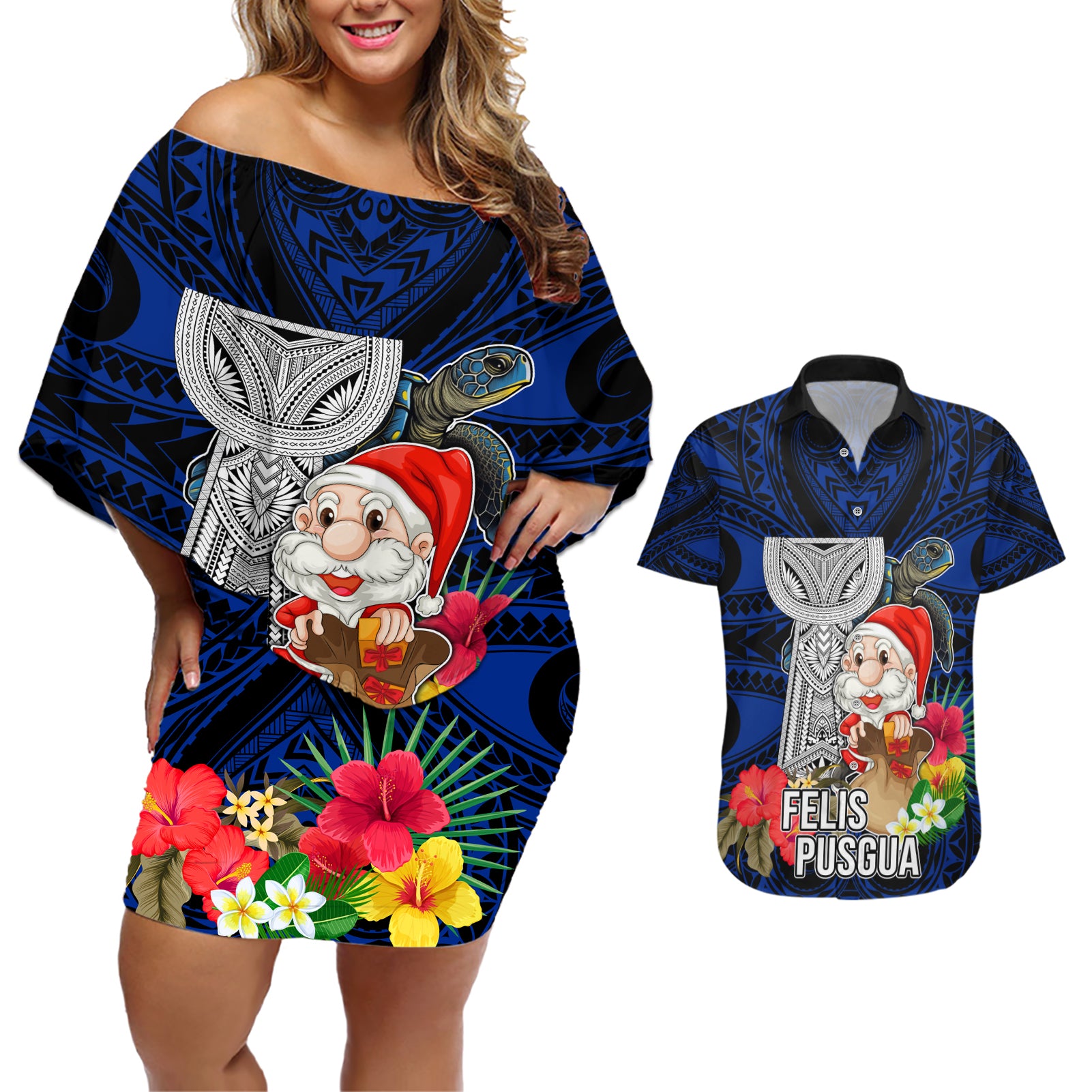 Guam Christmas Couples Matching Off Shoulder Short Dress and Hawaiian Shirt Santa Gift Latte Stone and Sea Turle Mix Hibiscus Chamorro Blue Style LT03