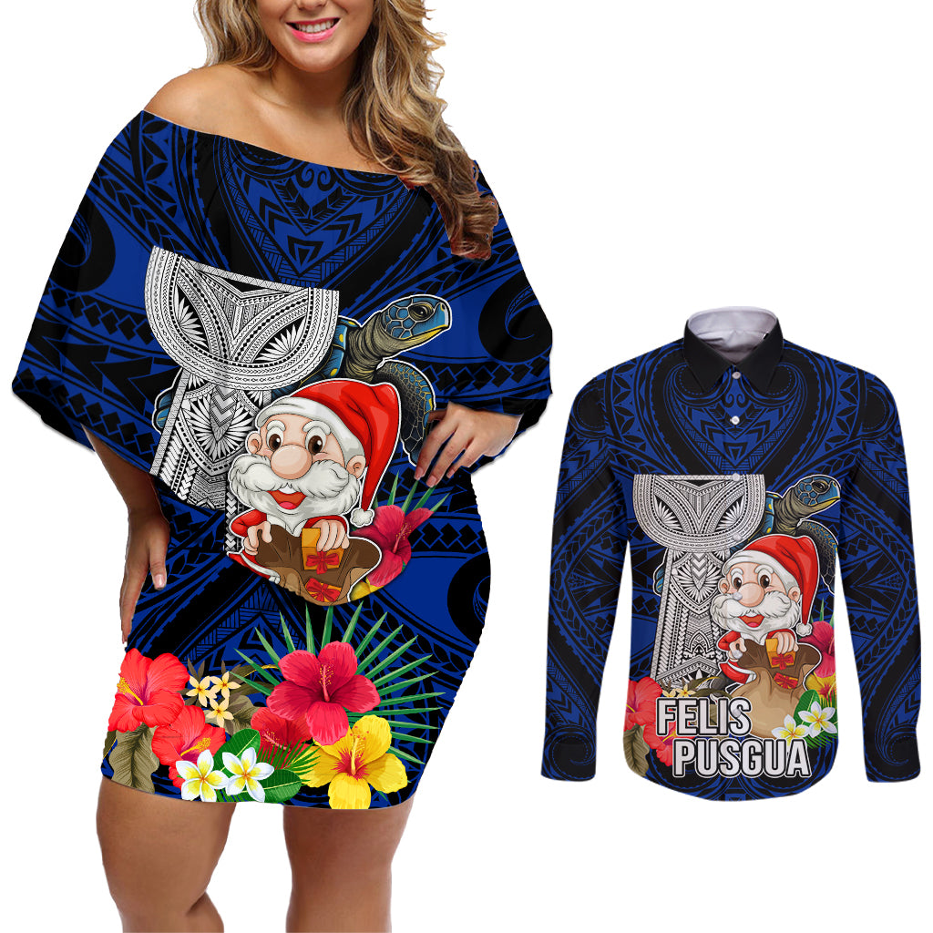 Guam Christmas Couples Matching Off Shoulder Short Dress and Long Sleeve Button Shirt Santa Gift Latte Stone and Sea Turle Mix Hibiscus Chamorro Blue Style LT03