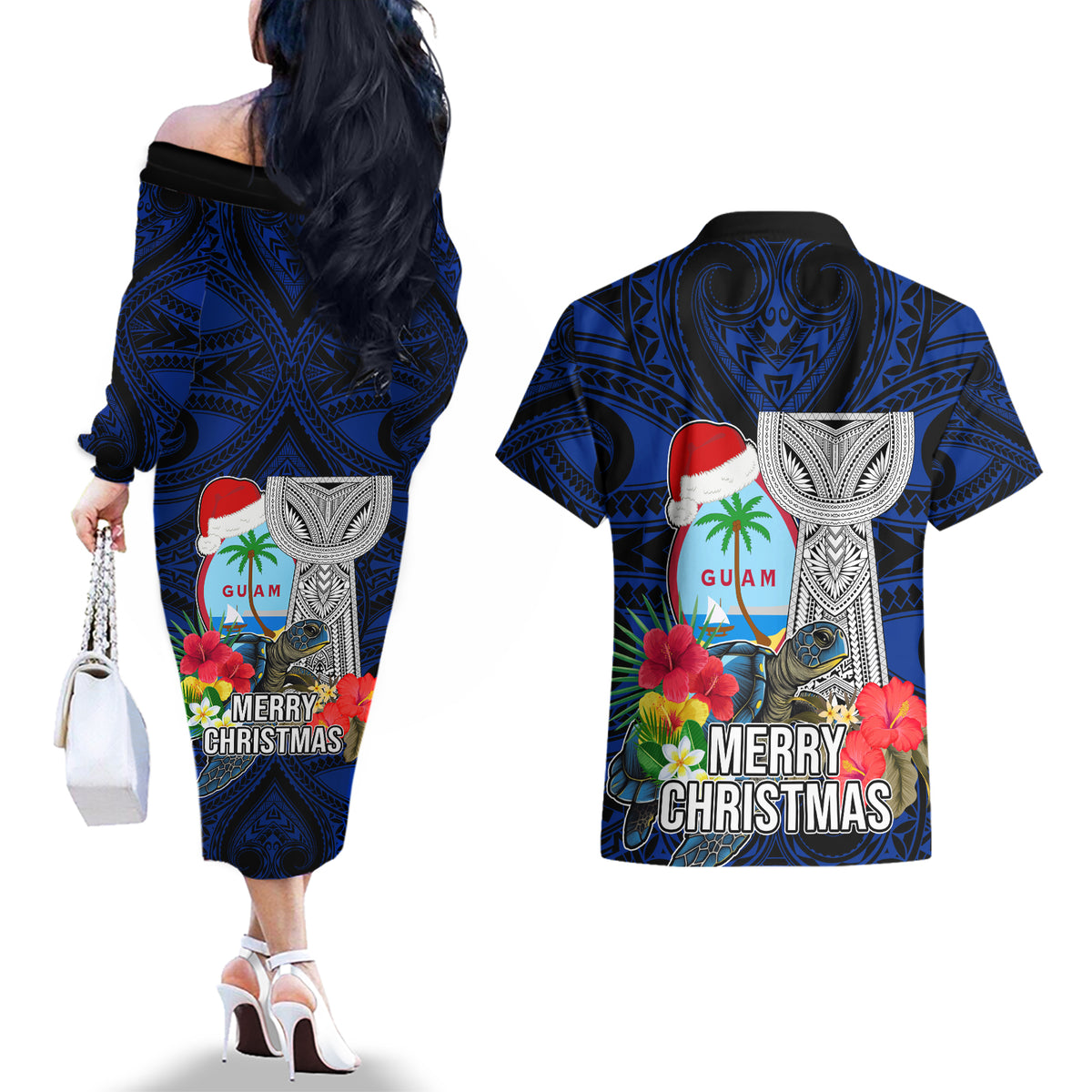 Guam Christmas Couples Matching Off The Shoulder Long Sleeve Dress and Hawaiian Shirt Santa Gift Latte Stone and Sea Turle Mix Hibiscus Chamorro Blue Style LT03