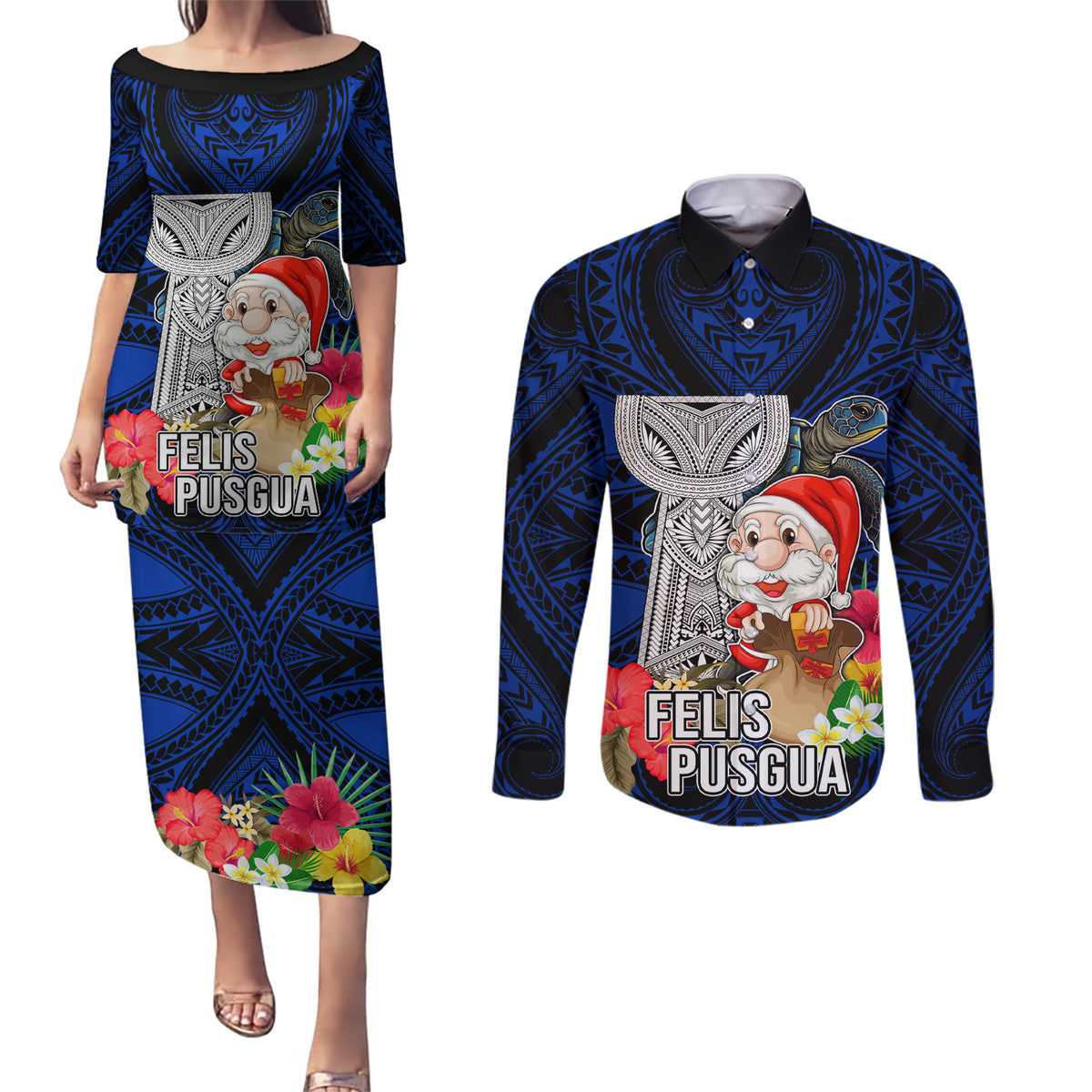 Guam Christmas Couples Matching Puletasi Dress and Long Sleeve Button Shirt Santa Gift Latte Stone and Sea Turle Mix Hibiscus Chamorro Blue Style LT03