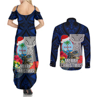 Guam Christmas Couples Matching Summer Maxi Dress and Long Sleeve Button Shirt Santa Gift Latte Stone and Sea Turle Mix Hibiscus Chamorro Blue Style LT03
