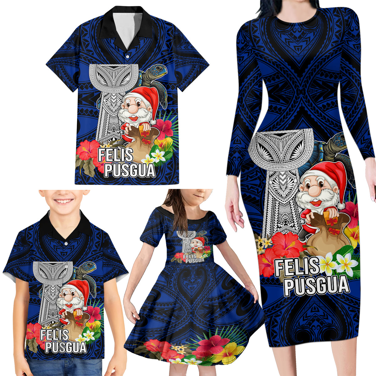 Guam Christmas Family Matching Long Sleeve Bodycon Dress and Hawaiian Shirt Santa Gift Latte Stone and Sea Turle Mix Hibiscus Chamorro Blue Style LT03