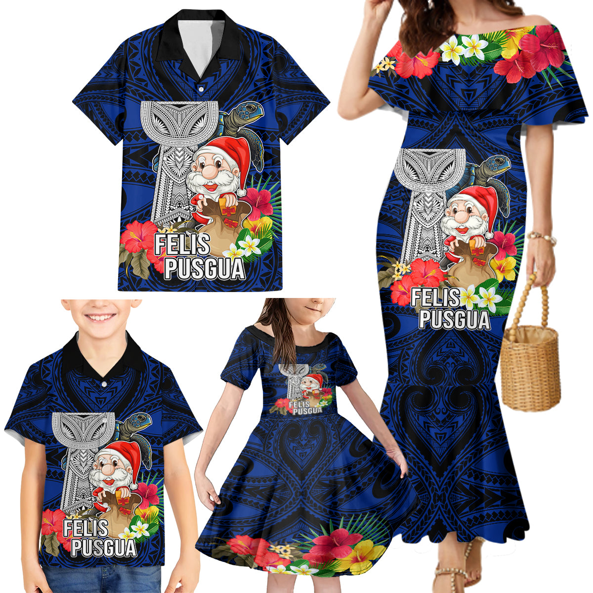 Guam Christmas Family Matching Mermaid Dress and Hawaiian Shirt Santa Gift Latte Stone and Sea Turle Mix Hibiscus Chamorro Blue Style LT03