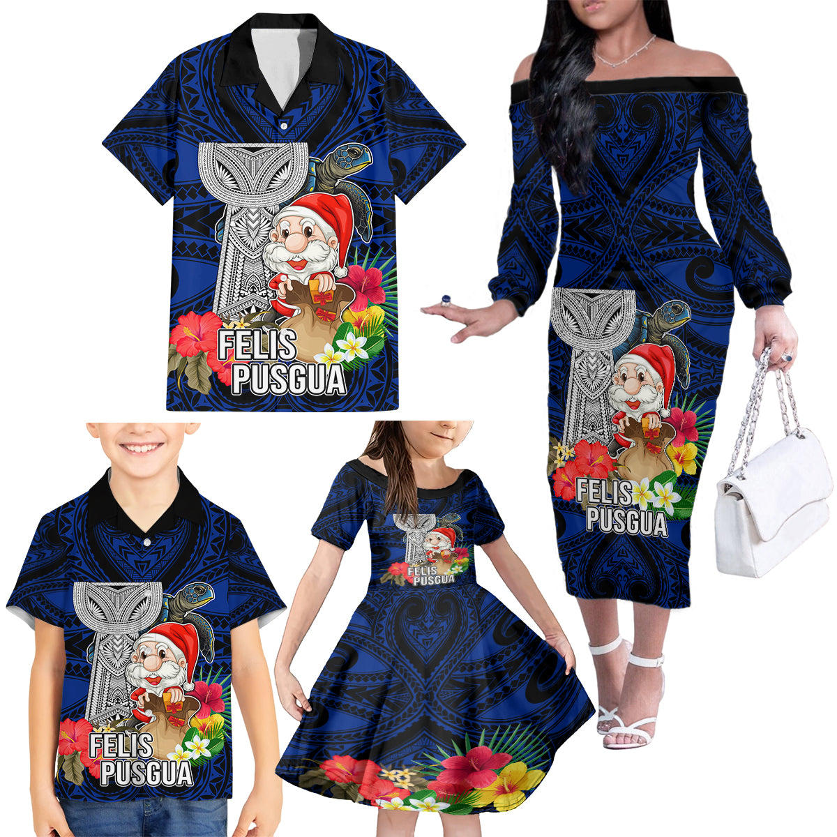 Guam Christmas Family Matching Off Shoulder Long Sleeve Dress and Hawaiian Shirt Santa Gift Latte Stone and Sea Turle Mix Hibiscus Chamorro Blue Style LT03