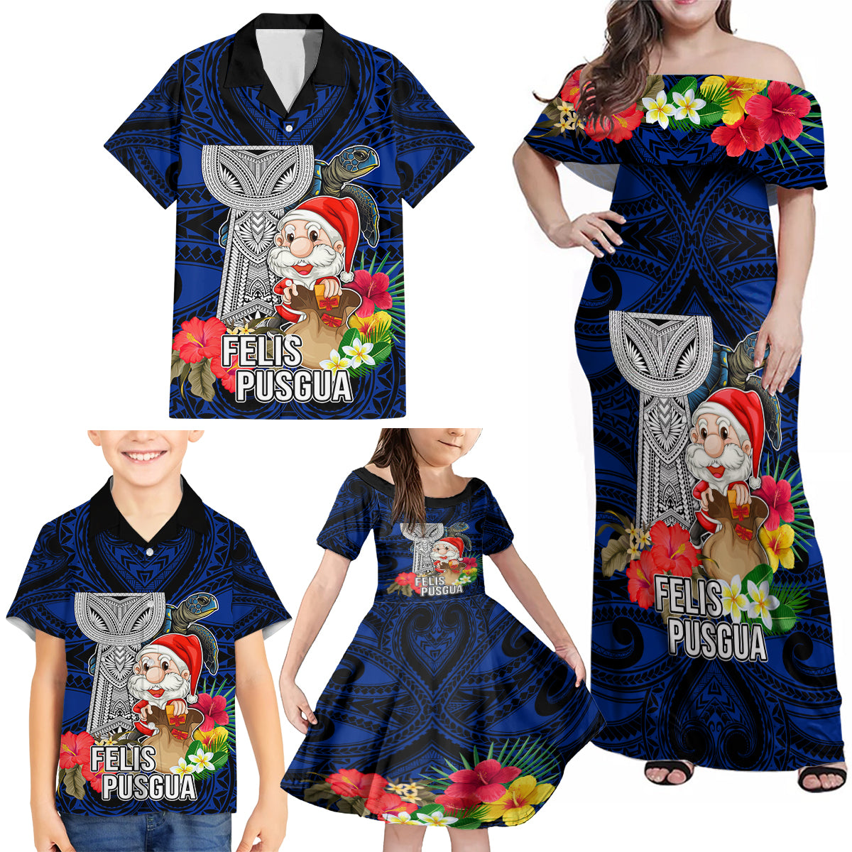 Guam Christmas Family Matching Off Shoulder Maxi Dress and Hawaiian Shirt Santa Gift Latte Stone and Sea Turle Mix Hibiscus Chamorro Blue Style LT03