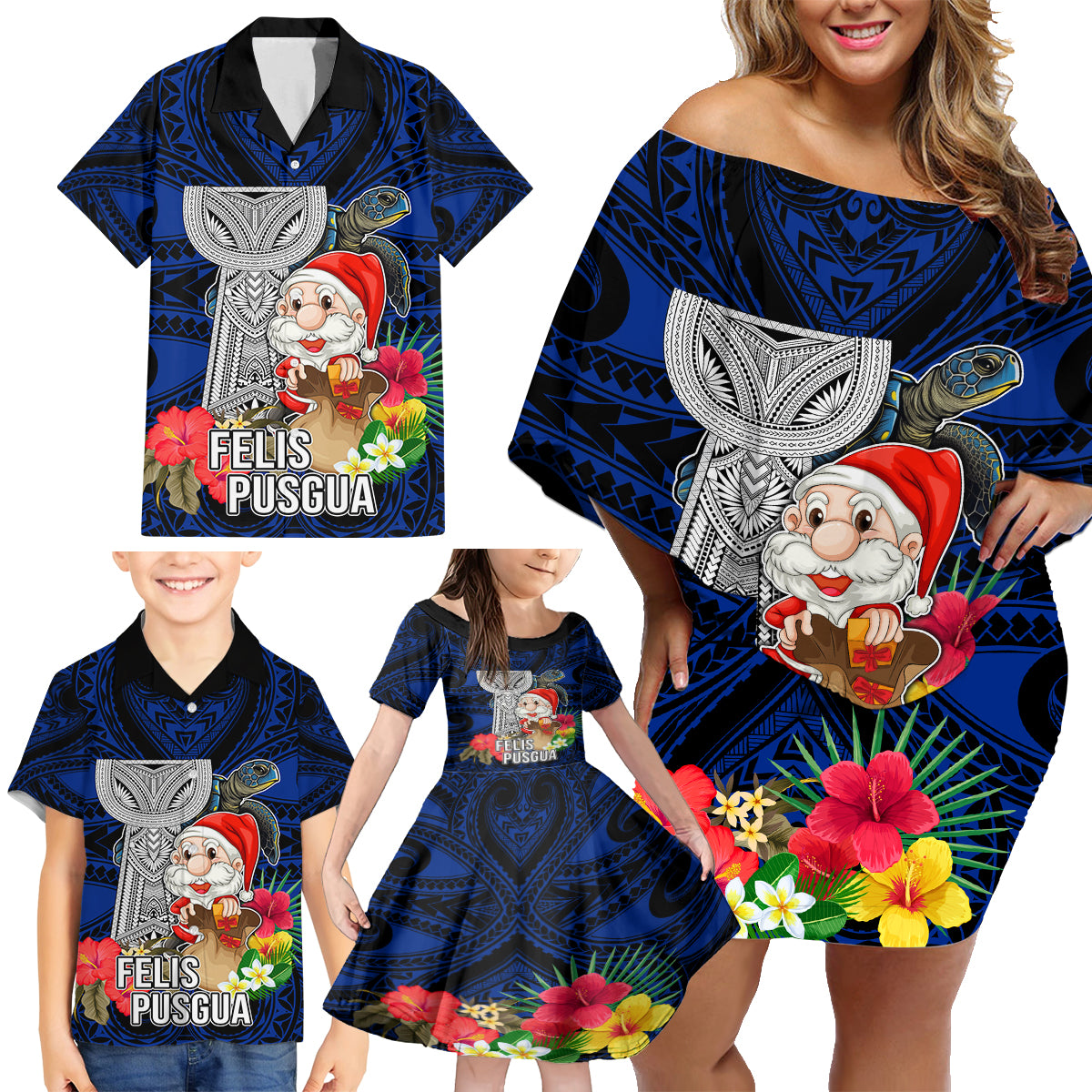 Guam Christmas Family Matching Off Shoulder Short Dress and Hawaiian Shirt Santa Gift Latte Stone and Sea Turle Mix Hibiscus Chamorro Blue Style LT03