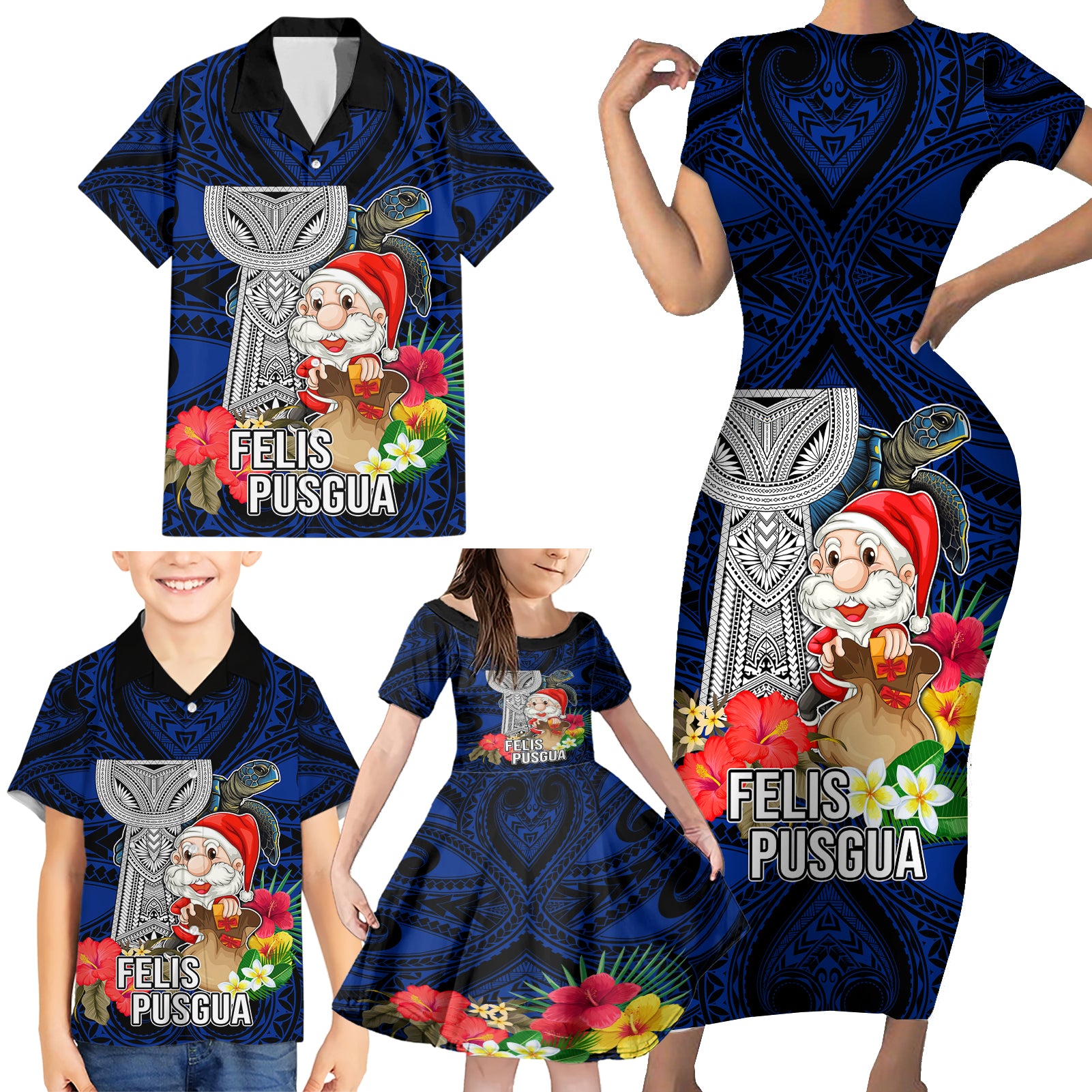 Guam Christmas Family Matching Short Sleeve Bodycon Dress and Hawaiian Shirt Santa Gift Latte Stone and Sea Turle Mix Hibiscus Chamorro Blue Style LT03