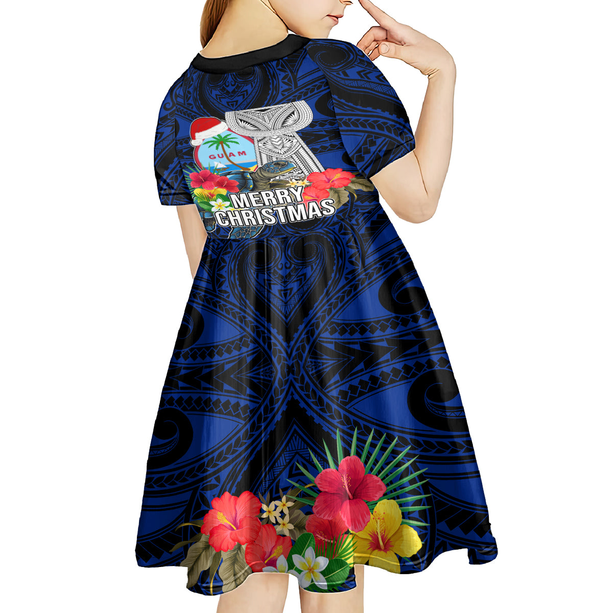 Guam Christmas Kid Short Sleeve Dress Santa Gift Latte Stone and Sea Turle Mix Hibiscus Chamorro Blue Style LT03
