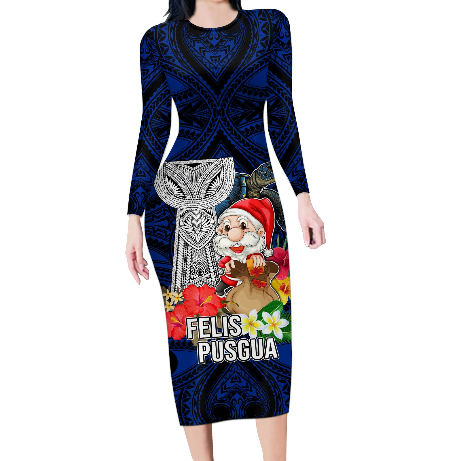 Guam Christmas Long Sleeve Bodycon Dress Santa Gift Latte Stone and Sea Turle Mix Hibiscus Chamorro Blue Style LT03