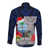 Guam Christmas Long Sleeve Button Shirt Santa Gift Latte Stone and Sea Turle Mix Hibiscus Chamorro Blue Style LT03