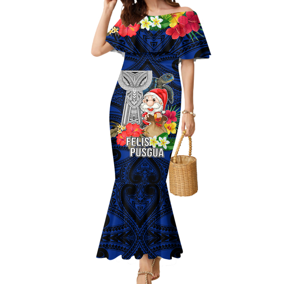 Guam Christmas Mermaid Dress Santa Gift Latte Stone and Sea Turle Mix Hibiscus Chamorro Blue Style LT03