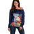 Guam Christmas Off Shoulder Sweater Santa Gift Latte Stone and Sea Turle Mix Hibiscus Chamorro Blue Style LT03