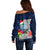 Guam Christmas Off Shoulder Sweater Santa Gift Latte Stone and Sea Turle Mix Hibiscus Chamorro Blue Style LT03