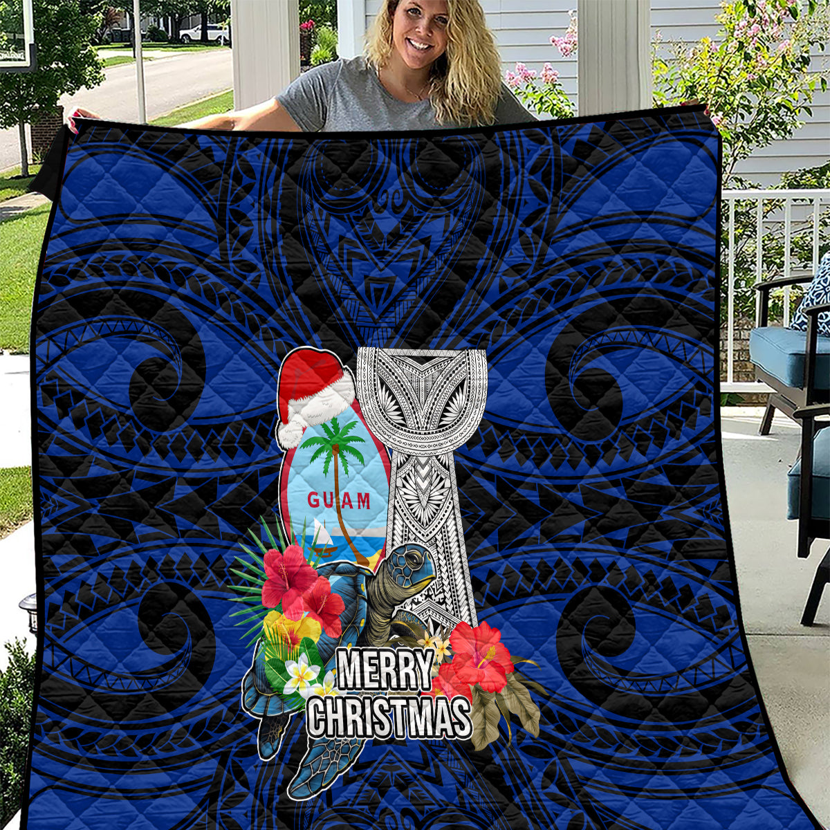 Guam Christmas Quilt Santa Gift Latte Stone and Sea Turle Mix Hibiscus Chamorro Blue Style LT03