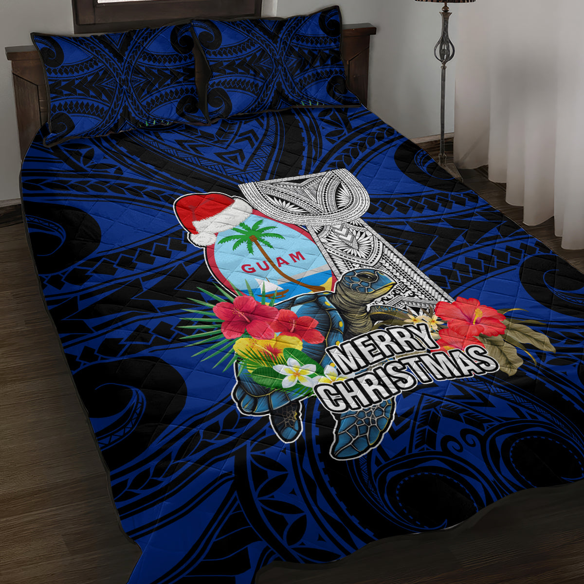 Guam Christmas Quilt Bed Set Santa Gift Latte Stone and Sea Turle Mix Hibiscus Chamorro Blue Style LT03