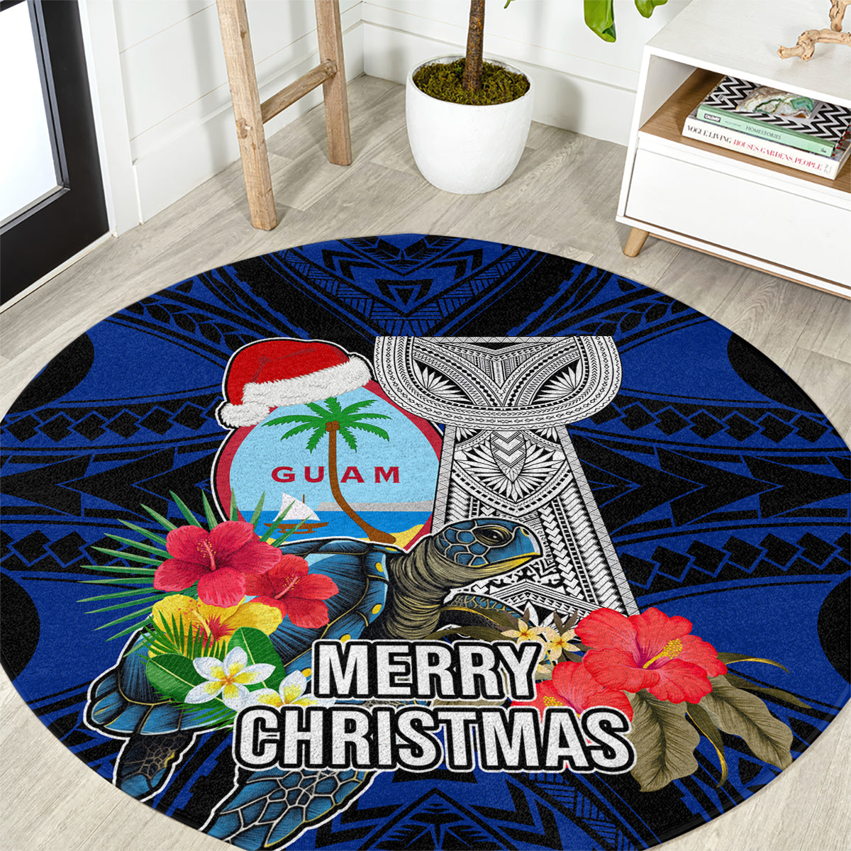 Guam Christmas Round Carpet Santa Gift Latte Stone and Sea Turle Mix Hibiscus Chamorro Blue Style LT03