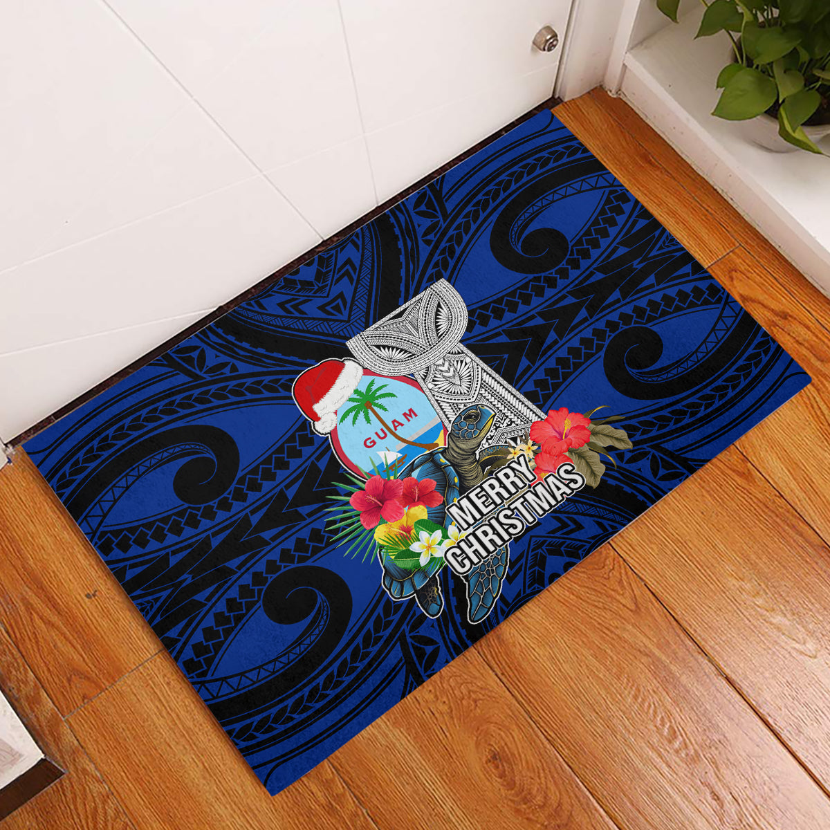Guam Christmas Rubber Doormat Santa Gift Latte Stone and Sea Turle Mix Hibiscus Chamorro Blue Style LT03