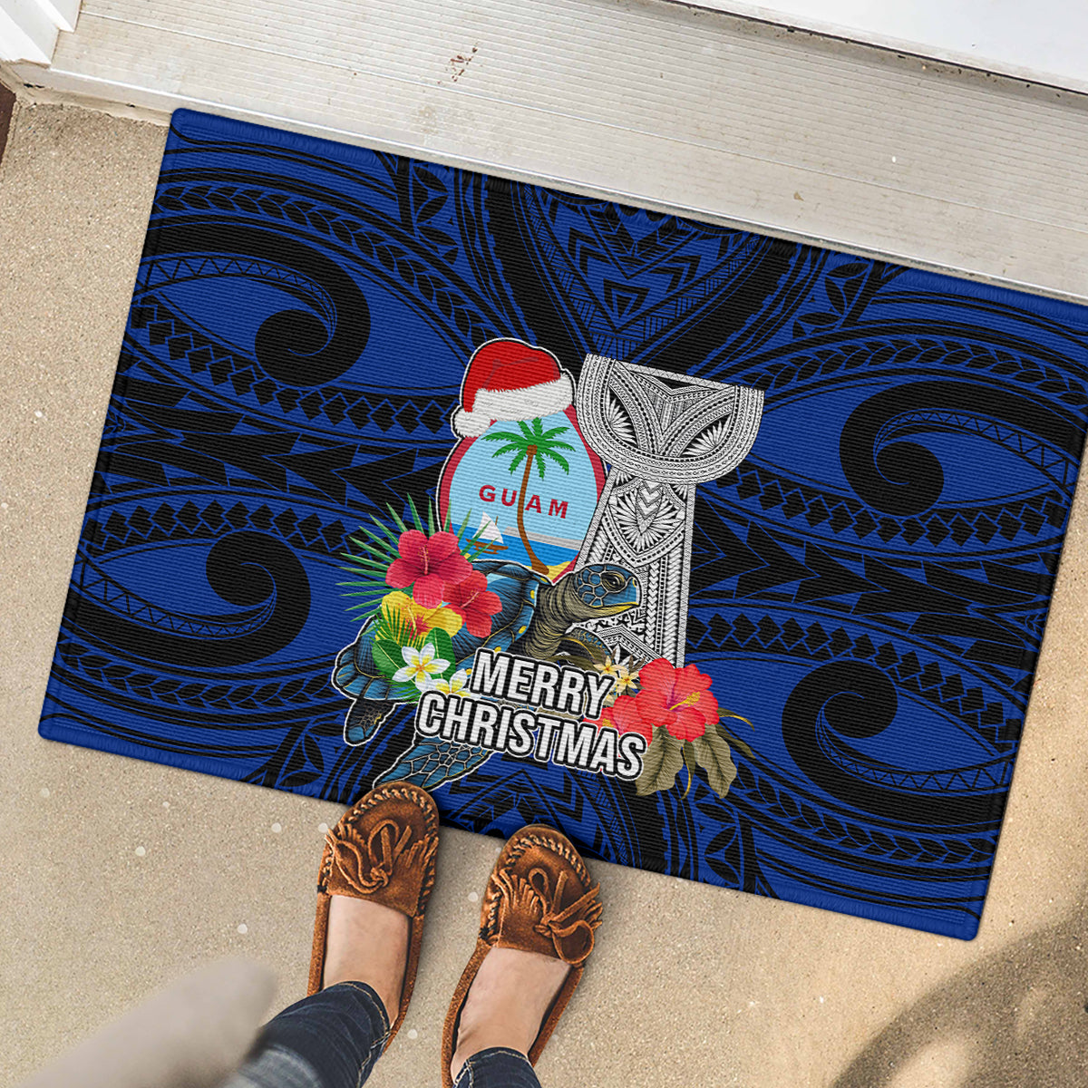 Guam Christmas Rubber Doormat Santa Gift Latte Stone and Sea Turle Mix Hibiscus Chamorro Blue Style LT03