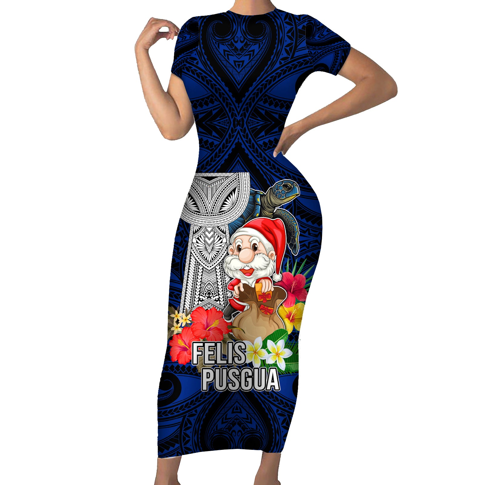 Guam Christmas Short Sleeve Bodycon Dress Santa Gift Latte Stone and Sea Turle Mix Hibiscus Chamorro Blue Style LT03