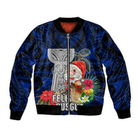 Guam Christmas Sleeve Zip Bomber Jacket Santa Gift Latte Stone and Sea Turle Mix Hibiscus Chamorro Blue Style LT03