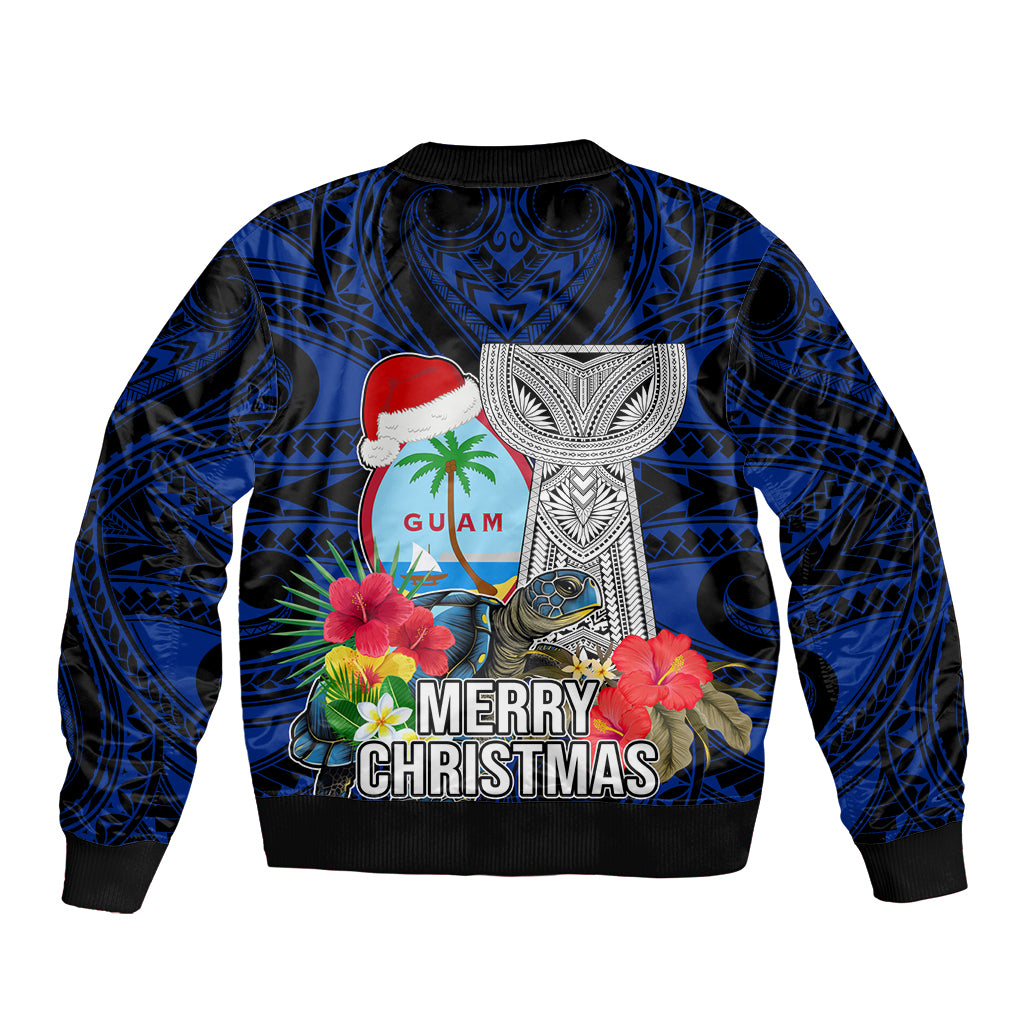 Guam Christmas Sleeve Zip Bomber Jacket Santa Gift Latte Stone and Sea Turle Mix Hibiscus Chamorro Blue Style LT03