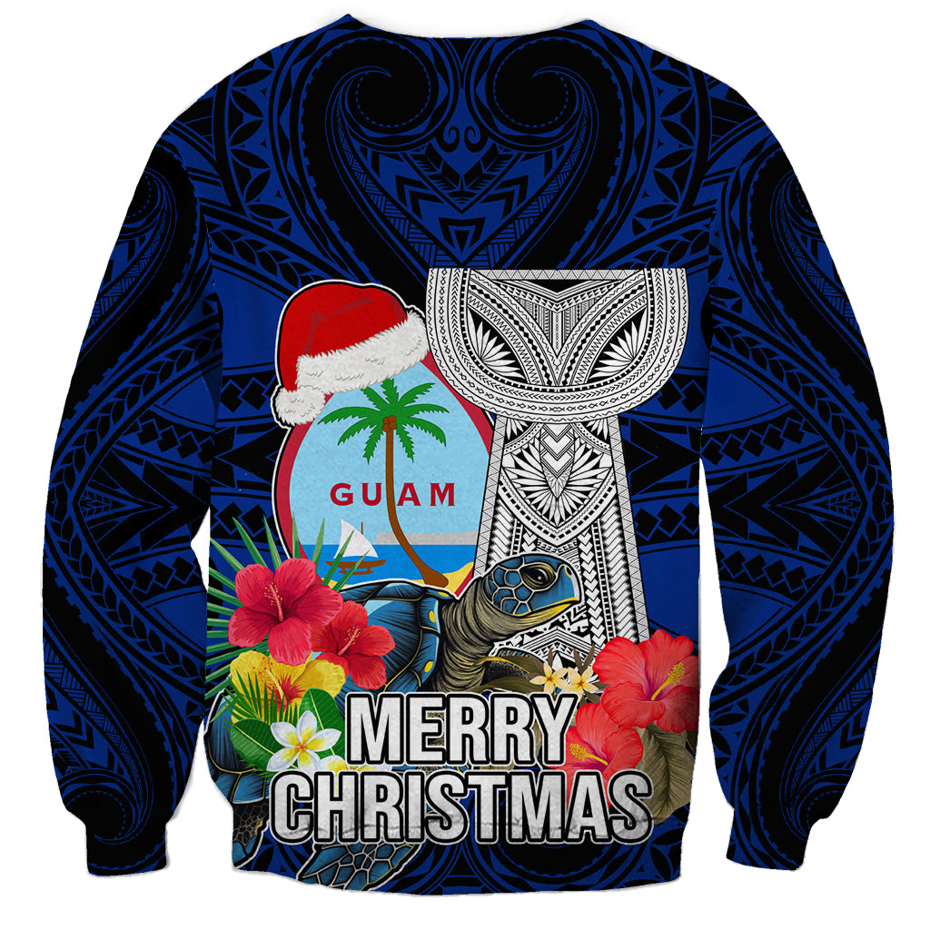 Guam Christmas Sweatshirt Santa Gift Latte Stone and Sea Turle Mix Hibiscus Chamorro Blue Style LT03