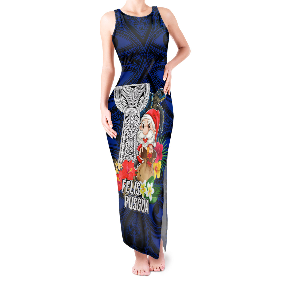 Guam Christmas Tank Maxi Dress Santa Gift Latte Stone and Sea Turle Mix Hibiscus Chamorro Blue Style LT03