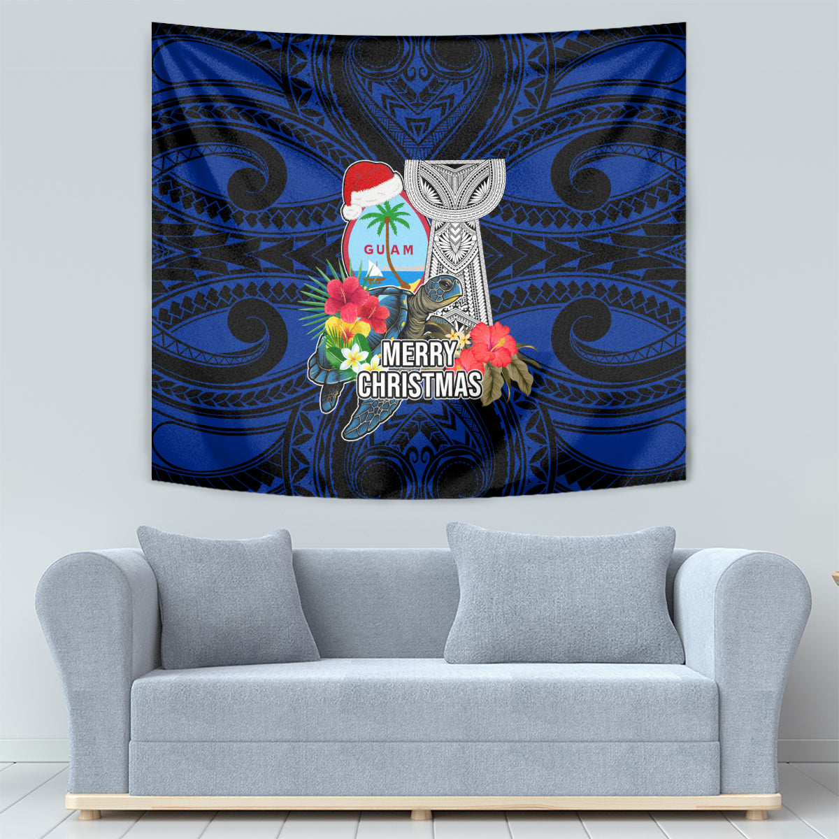 Guam Christmas Tapestry Santa Gift Latte Stone and Sea Turle Mix Hibiscus Chamorro Blue Style LT03
