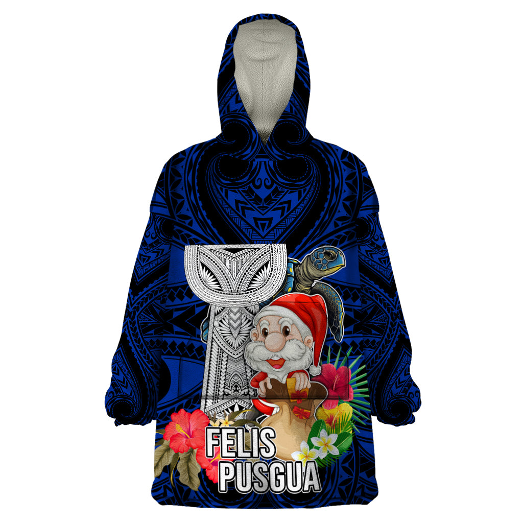 Guam Christmas Wearable Blanket Hoodie Santa Gift Latte Stone and Sea Turle Mix Hibiscus Chamorro Blue Style LT03