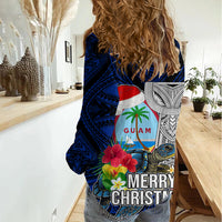 Guam Christmas Women Casual Shirt Santa Gift Latte Stone and Sea Turle Mix Hibiscus Chamorro Blue Style LT03