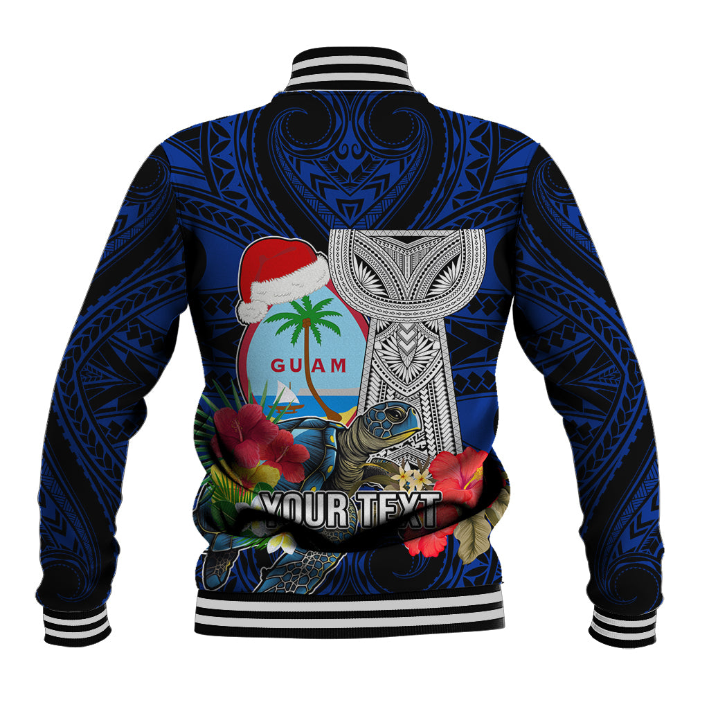 Custom Guam Christmas Baseball Jacket Santa Gift Latte Stone and Sea Turle Mix Hibiscus Chamorro Blue Style LT03