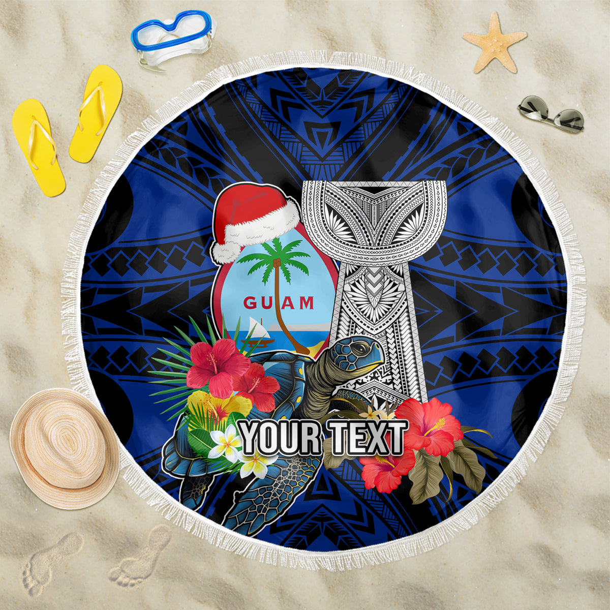 Custom Guam Christmas Beach Blanket Santa Gift Latte Stone and Sea Turle Mix Hibiscus Chamorro Blue Style LT03