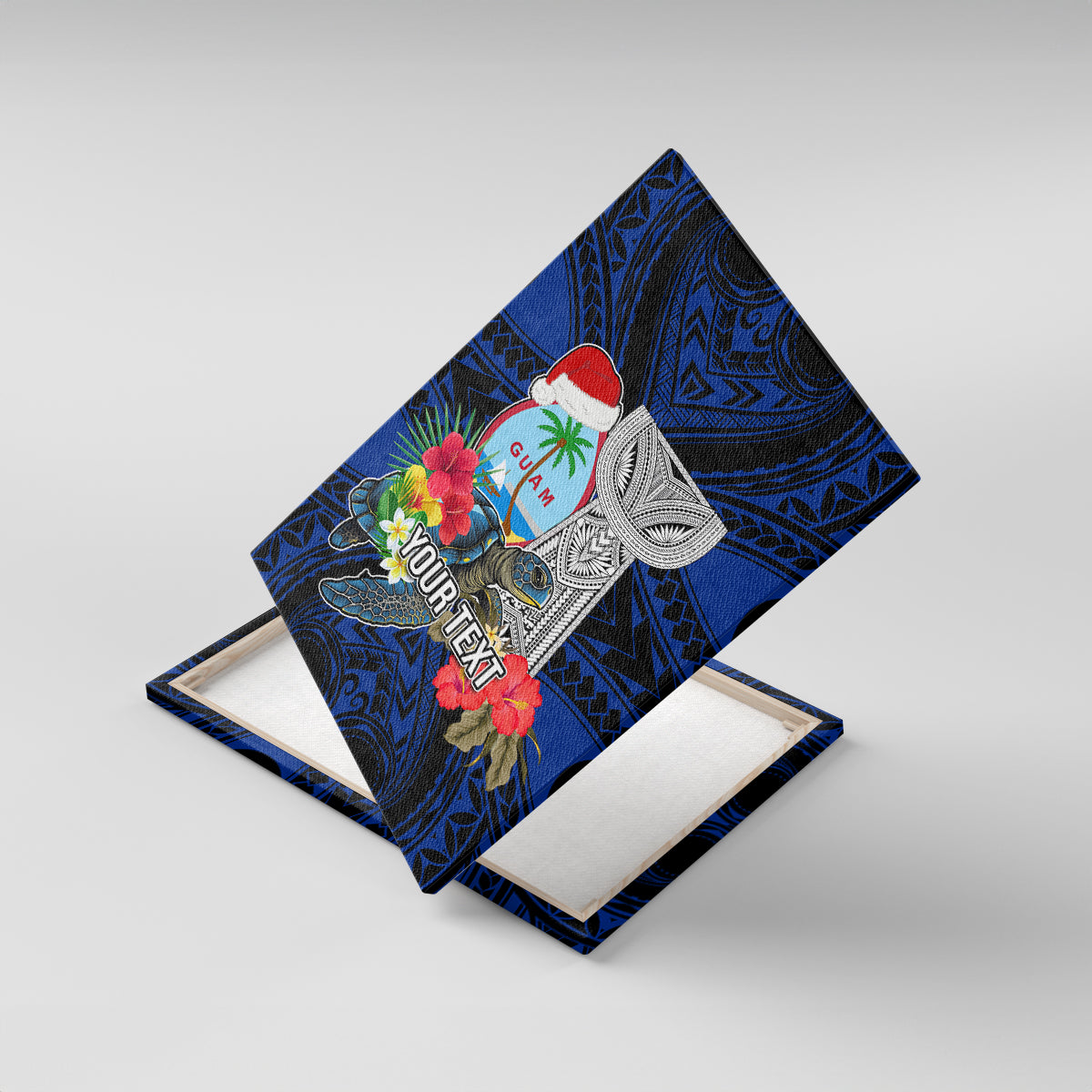 Custom Guam Christmas Canvas Wall Art Santa Gift Latte Stone and Sea Turle Mix Hibiscus Chamorro Blue Style LT03
