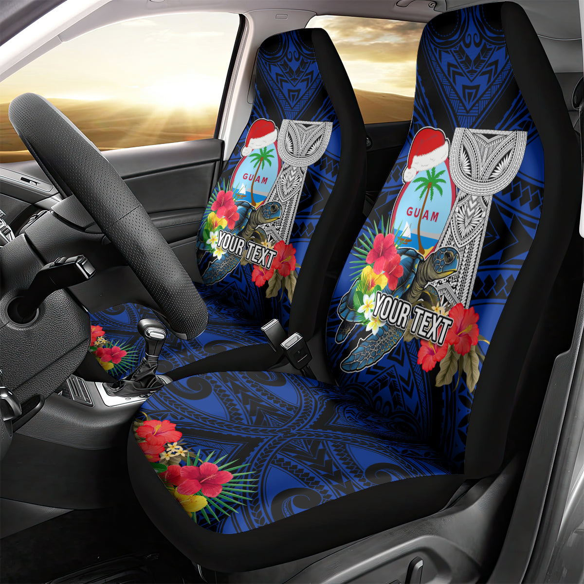 Custom Guam Christmas Car Seat Cover Santa Gift Latte Stone and Sea Turle Mix Hibiscus Chamorro Blue Style LT03