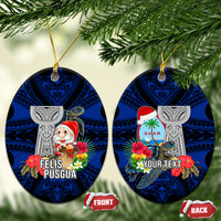 Custom Guam Christmas Ceramic Ornament Santa Gift Latte Stone and Sea Turle Mix Hibiscus Chamorro Blue Style LT03 Oval Blue - Polynesian Pride