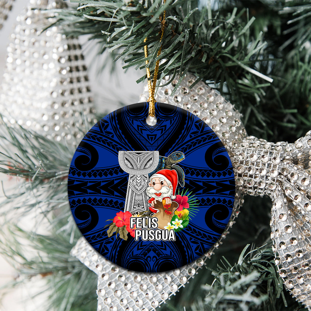 Custom Guam Christmas Ceramic Ornament Santa Gift Latte Stone and Sea Turle Mix Hibiscus Chamorro Blue Style LT03 - Polynesian Pride
