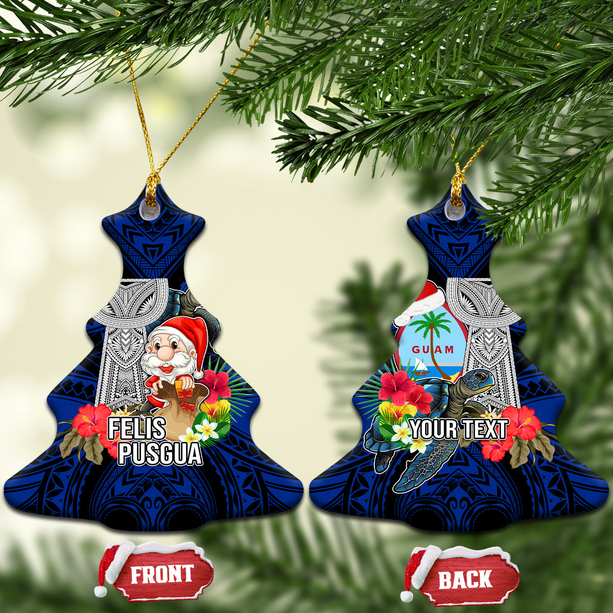 Custom Guam Christmas Ceramic Ornament Santa Gift Latte Stone and Sea Turle Mix Hibiscus Chamorro Blue Style LT03 Christmas Tree Blue - Polynesian Pride