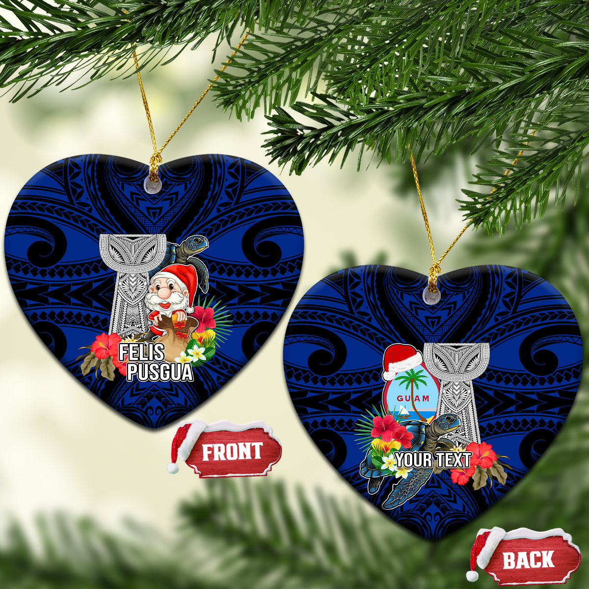 Custom Guam Christmas Ceramic Ornament Santa Gift Latte Stone and Sea Turle Mix Hibiscus Chamorro Blue Style LT03 Heart Blue - Polynesian Pride