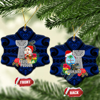 Custom Guam Christmas Ceramic Ornament Santa Gift Latte Stone and Sea Turle Mix Hibiscus Chamorro Blue Style LT03 Snow Flake Blue - Polynesian Pride