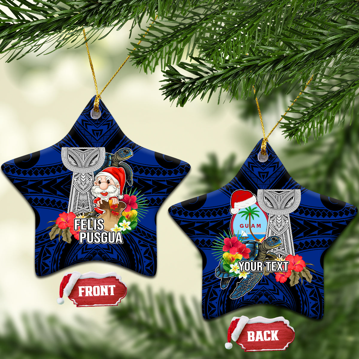 Custom Guam Christmas Ceramic Ornament Santa Gift Latte Stone and Sea Turle Mix Hibiscus Chamorro Blue Style LT03 Star Blue - Polynesian Pride