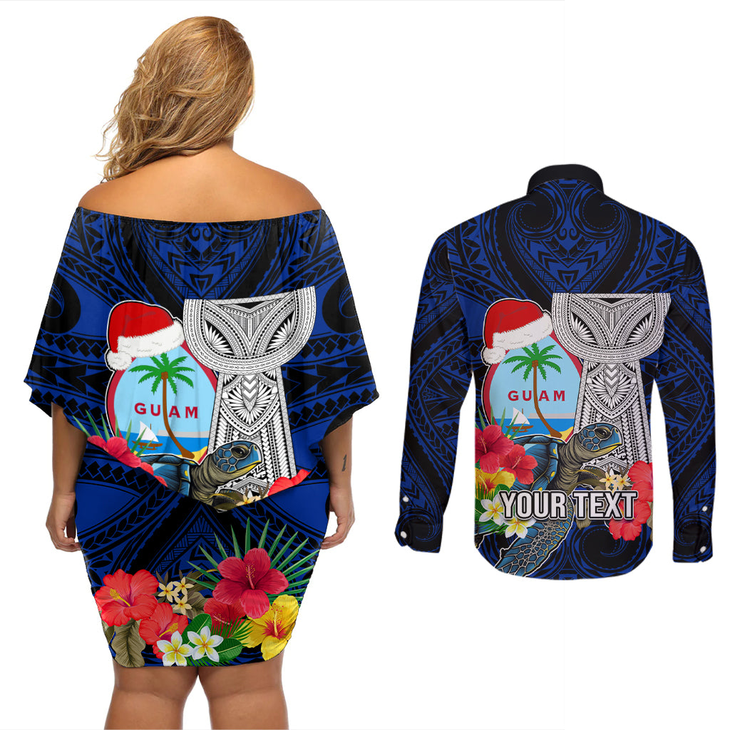 Custom Guam Christmas Couples Matching Off Shoulder Short Dress and Long Sleeve Button Shirt Santa Gift Latte Stone and Sea Turle Mix Hibiscus Chamorro Blue Style LT03