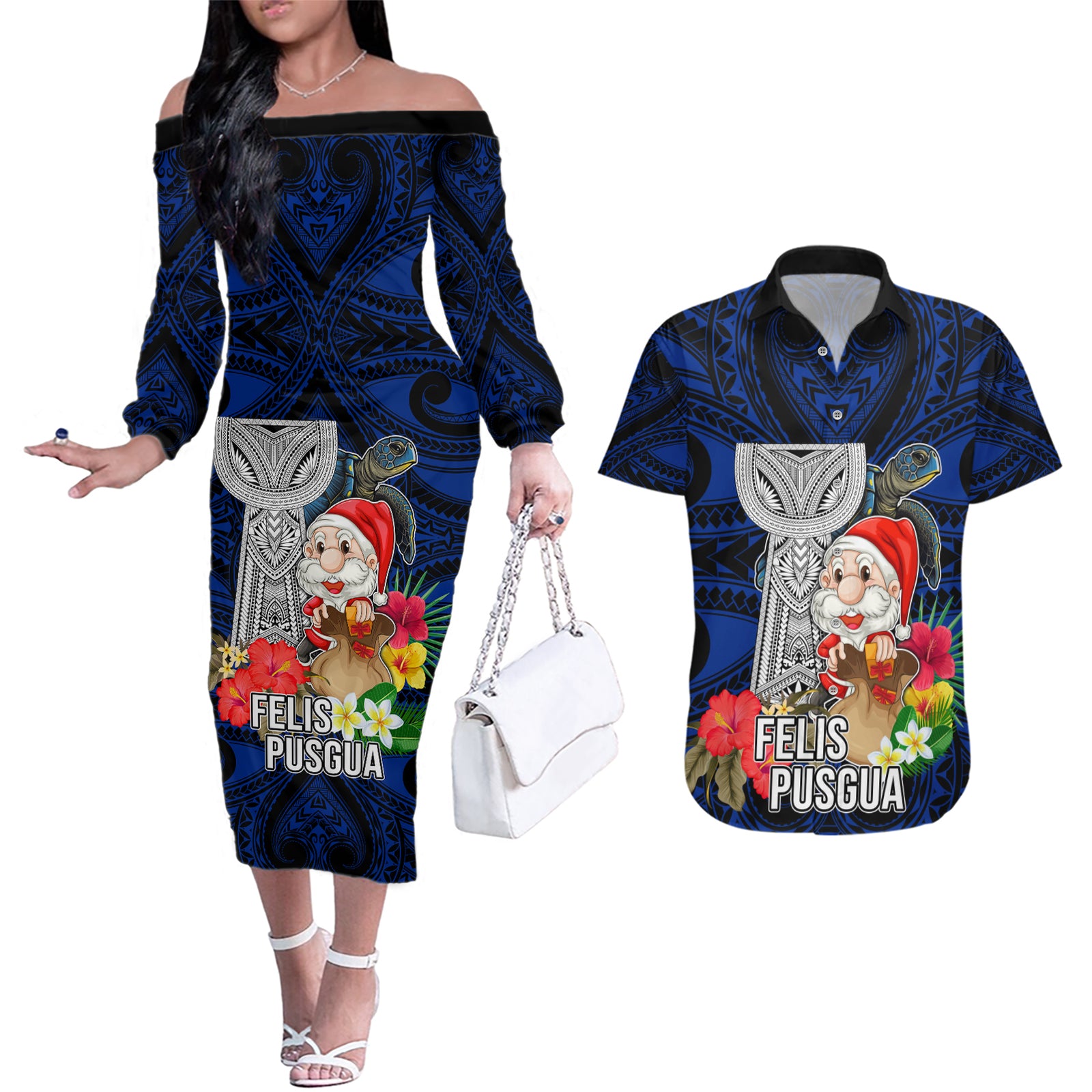 Custom Guam Christmas Couples Matching Off The Shoulder Long Sleeve Dress and Hawaiian Shirt Santa Gift Latte Stone and Sea Turle Mix Hibiscus Chamorro Blue Style LT03