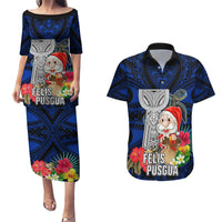 Custom Guam Christmas Couples Matching Puletasi Dress and Hawaiian Shirt Santa Gift Latte Stone and Sea Turle Mix Hibiscus Chamorro Blue Style LT03