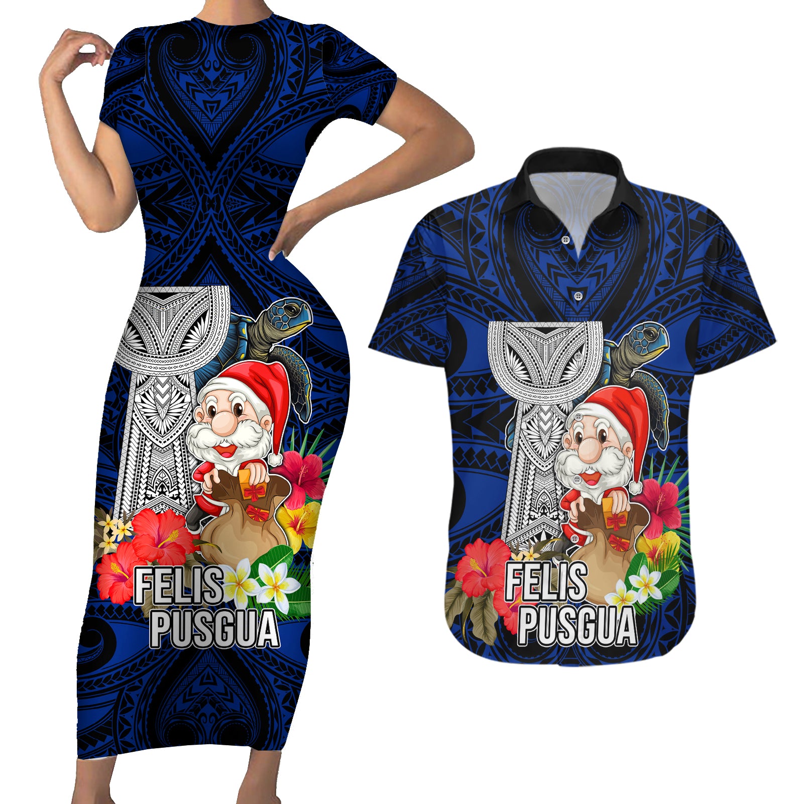 Custom Guam Christmas Couples Matching Short Sleeve Bodycon Dress and Hawaiian Shirt Santa Gift Latte Stone and Sea Turle Mix Hibiscus Chamorro Blue Style LT03