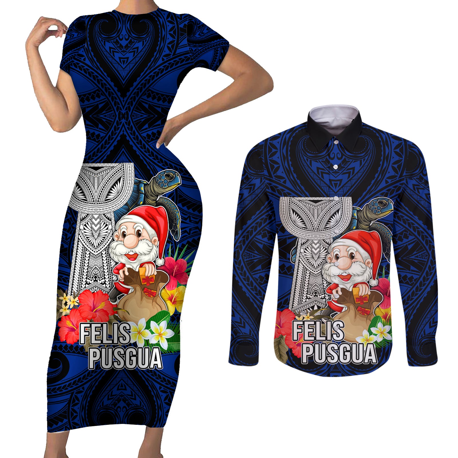 Custom Guam Christmas Couples Matching Short Sleeve Bodycon Dress and Long Sleeve Button Shirt Santa Gift Latte Stone and Sea Turle Mix Hibiscus Chamorro Blue Style LT03