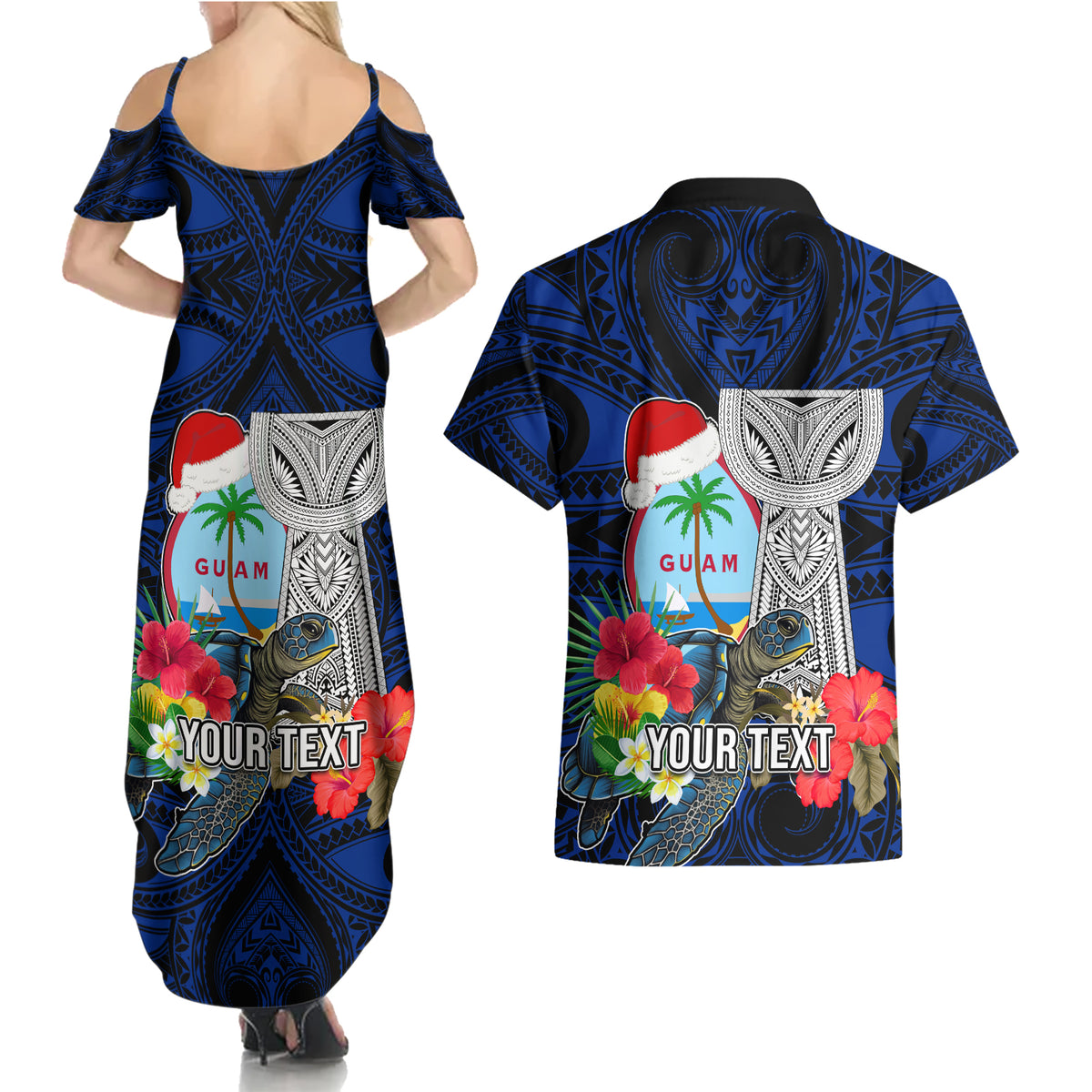 Custom Guam Christmas Couples Matching Summer Maxi Dress and Hawaiian Shirt Santa Gift Latte Stone and Sea Turle Mix Hibiscus Chamorro Blue Style LT03