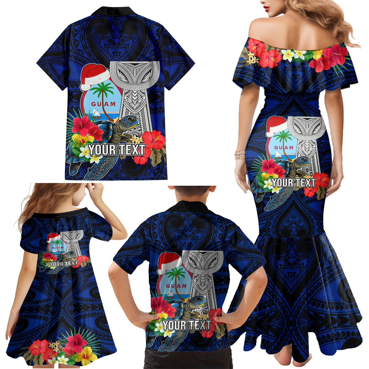 Custom Guam Christmas Family Matching Mermaid Dress and Hawaiian Shirt Santa Gift Latte Stone and Sea Turle Mix Hibiscus Chamorro Blue Style LT03